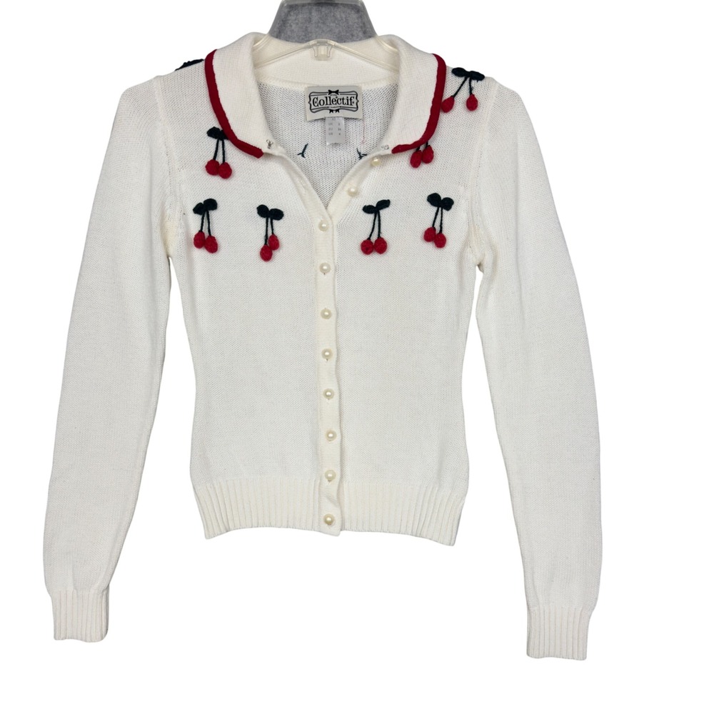 Collectif London Cardigan Women 4 XS Cream Cherry Pom Pom Vintage Inspired